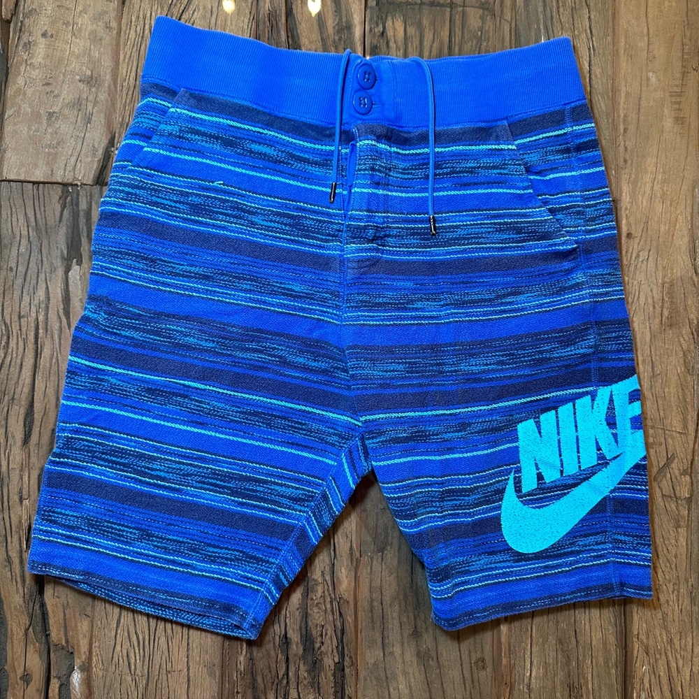 Nike Blue Striped Knit Shorts with Teal Logo Accent